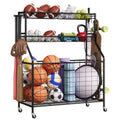 Sports Equipment Organizer,Large Capacity Garage Sports Toy Organizer with Hooks and Baskets,Rolling Ball Cart