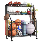 Sports Equipment Organizer,Large Capacity Garage Sports Toy Organizer with Hooks and Baskets,Rolling Ball Cart