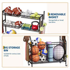 Sports Equipment Organizer,Large Capacity Garage Sports Toy Organizer with Hooks and Baskets,Rolling Ball Cart