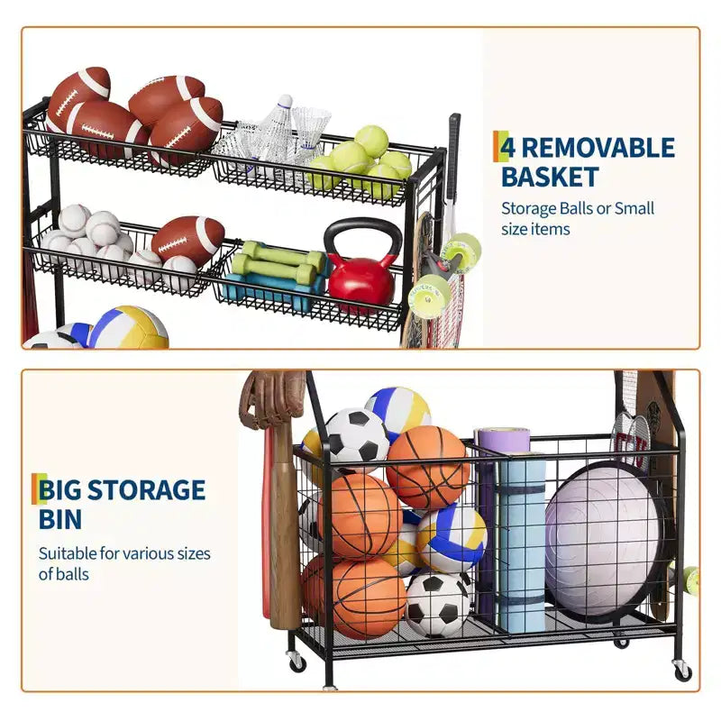Sports Equipment Organizer,Large Capacity Garage Sports Toy Organizer with Hooks and Baskets,Rolling Ball Cart