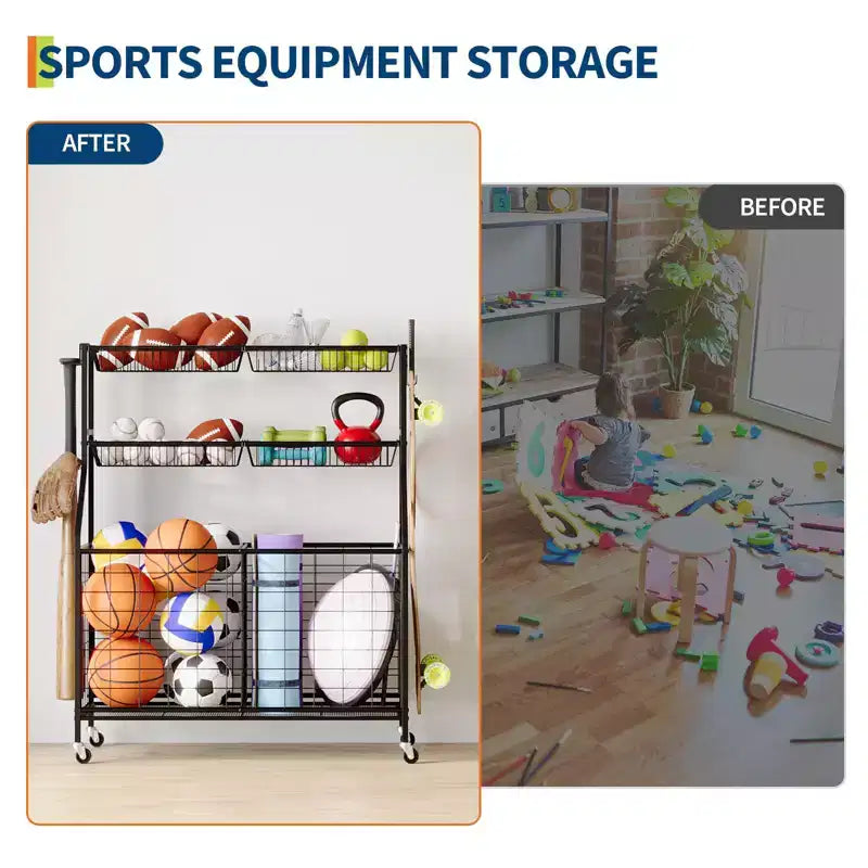Sports Equipment Organizer,Large Capacity Garage Sports Toy Organizer with Hooks and Baskets,Rolling Ball Cart