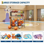 Sports Equipment Organizer,Large Capacity Garage Sports Toy Organizer with Hooks and Baskets,Rolling Ball Cart