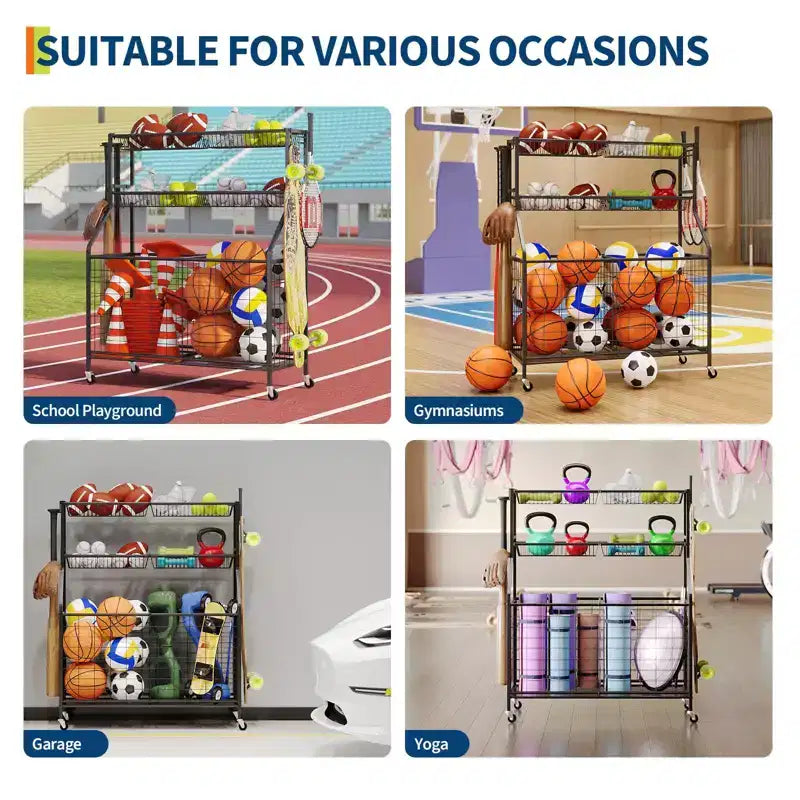 Sports Equipment Organizer,Large Capacity Garage Sports Toy Organizer with Hooks and Baskets,Rolling Ball Cart