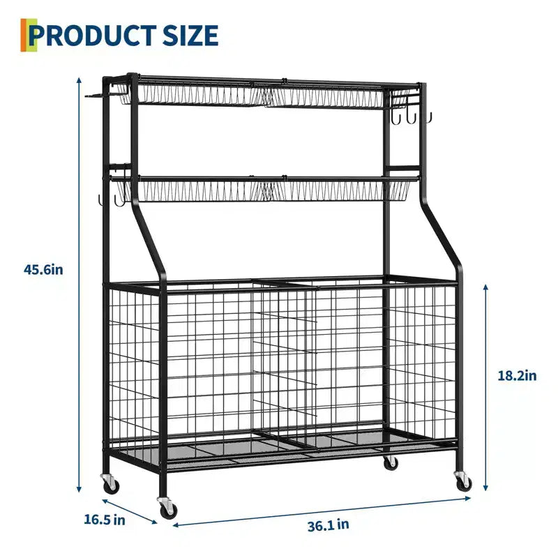 Sports Equipment Organizer,Large Capacity Garage Sports Toy Organizer with Hooks and Baskets,Rolling Ball Cart