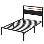 Heynemo Bed Frame with Charging Station, Platform Bed with Metal Slats, Upholstered Headboard with Storage Shelves, Black