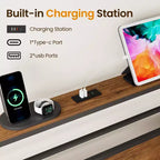 Heynemo Cadre de lit avec station de charge, lit plateforme avec lattes métalliques, tête de lit rembourrée avec étagères de rangement, Noir