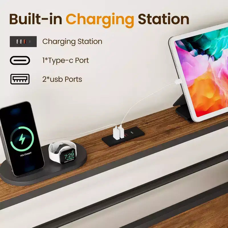 Heynemo Cadre de lit avec station de charge, lit plateforme avec lattes métalliques, tête de lit rembourrée avec étagères de rangement, Noir
