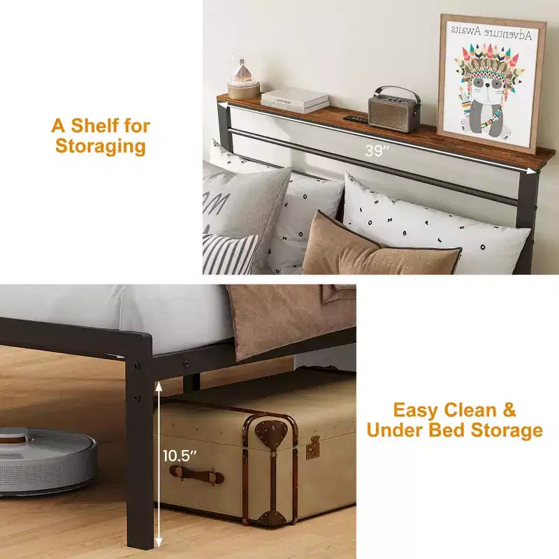Heynemo Cadre de lit avec station de charge, lit plateforme avec lattes métalliques, tête de lit rembourrée avec étagères de rangement, Noir
