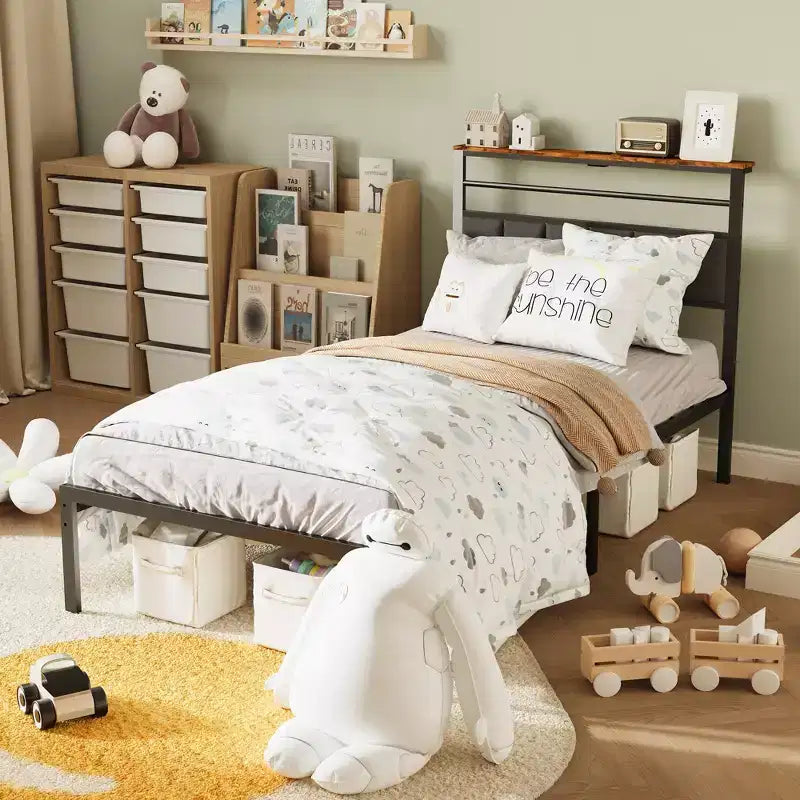 Heynemo Cadre de lit avec station de charge, lit plateforme avec lattes métalliques, tête de lit rembourrée avec étagères de rangement, Noir