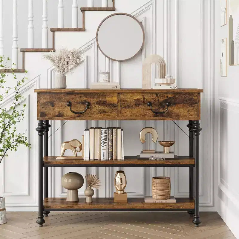 Narrow Console Table with 2 Drawers and Storage Shelves, Small Entryway Table for Living Room, Hallway, Sofa Table, Space-Saving Design