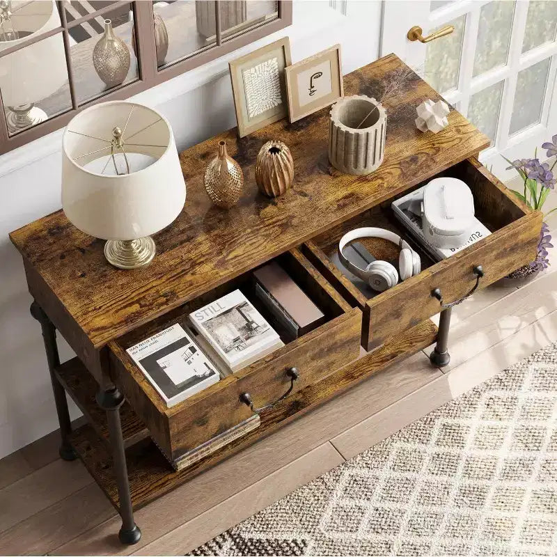 Narrow Console Table with 2 Drawers and Storage Shelves, Small Entryway Table for Living Room, Hallway, Sofa Table, Space-Saving Design