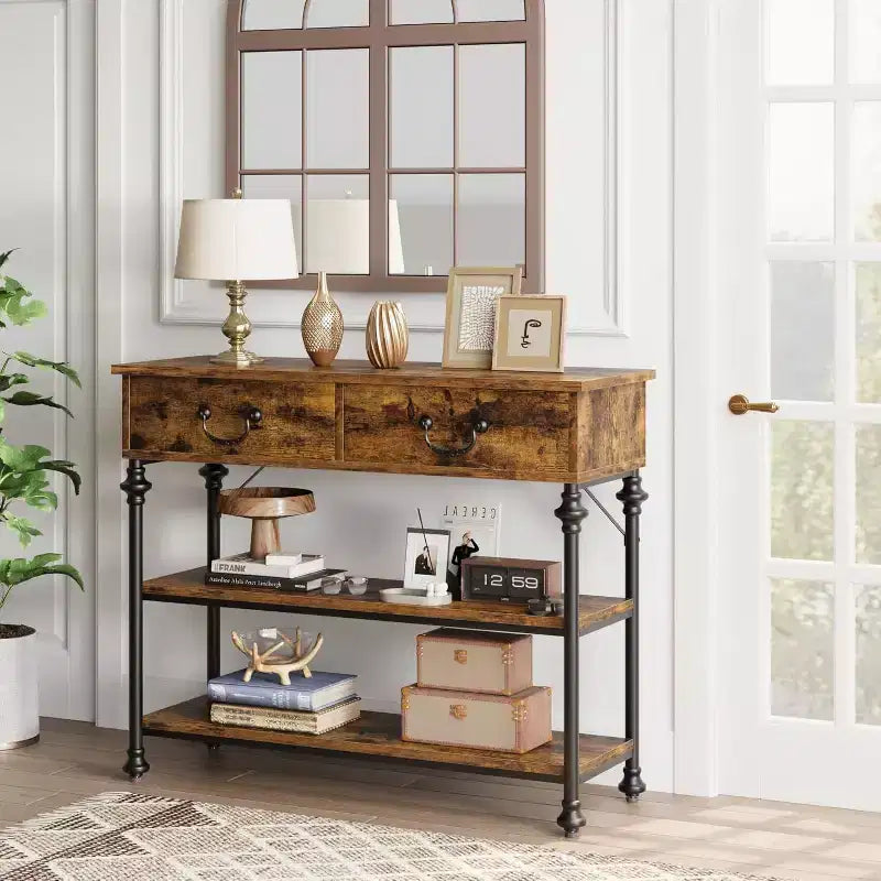 Narrow Console Table with 2 Drawers and Storage Shelves, Small Entryway Table for Living Room, Hallway, Sofa Table, Space-Saving Design