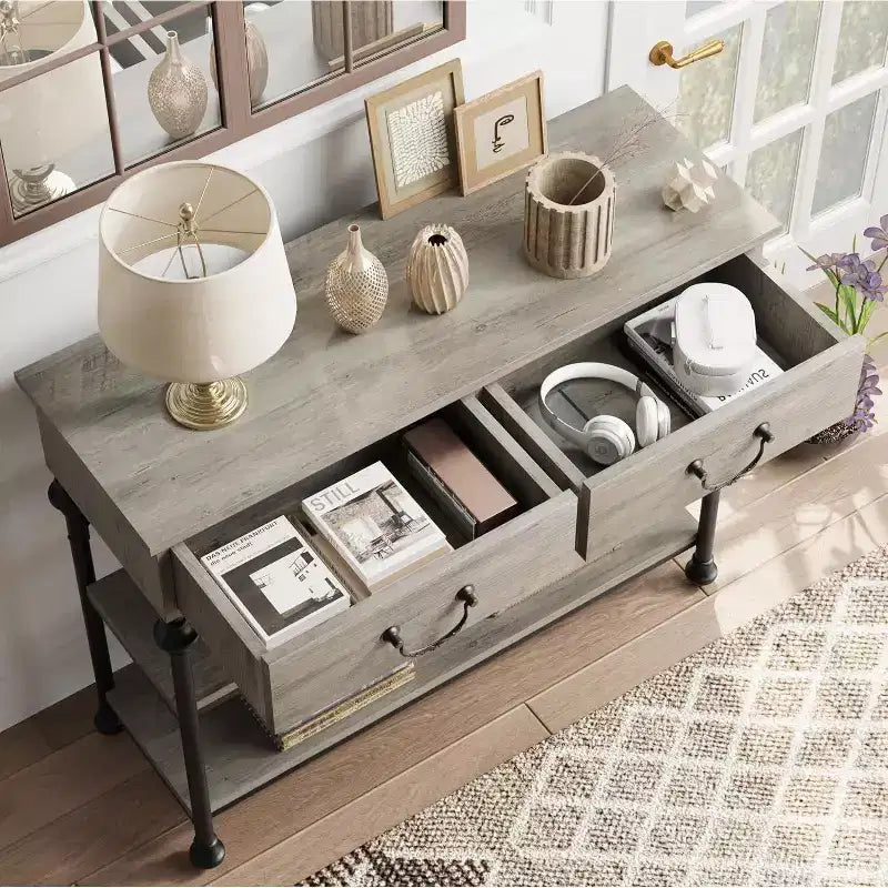 Narrow Console Table with 2 Drawers and Storage Shelves, Small Entryway Table for Living Room, Hallway, Sofa Table, Space-Saving Design