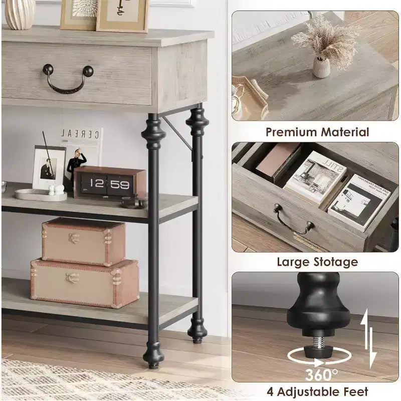 Narrow Console Table with 2 Drawers and Storage Shelves, Small Entryway Table for Living Room, Hallway, Sofa Table, Space-Saving Design