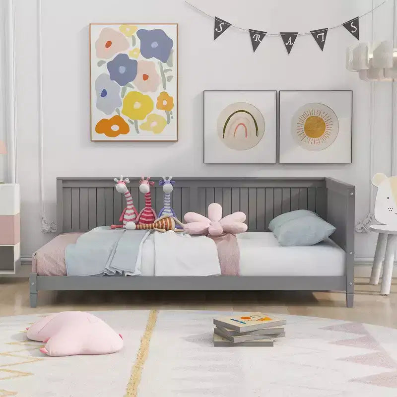 Bellemave Twin Size Daybed Frame with Backrest, Wood Twin Size Kids Bed with Slat Support for Kids,Teens,Daybed for Living Room, Bedroom,Gray