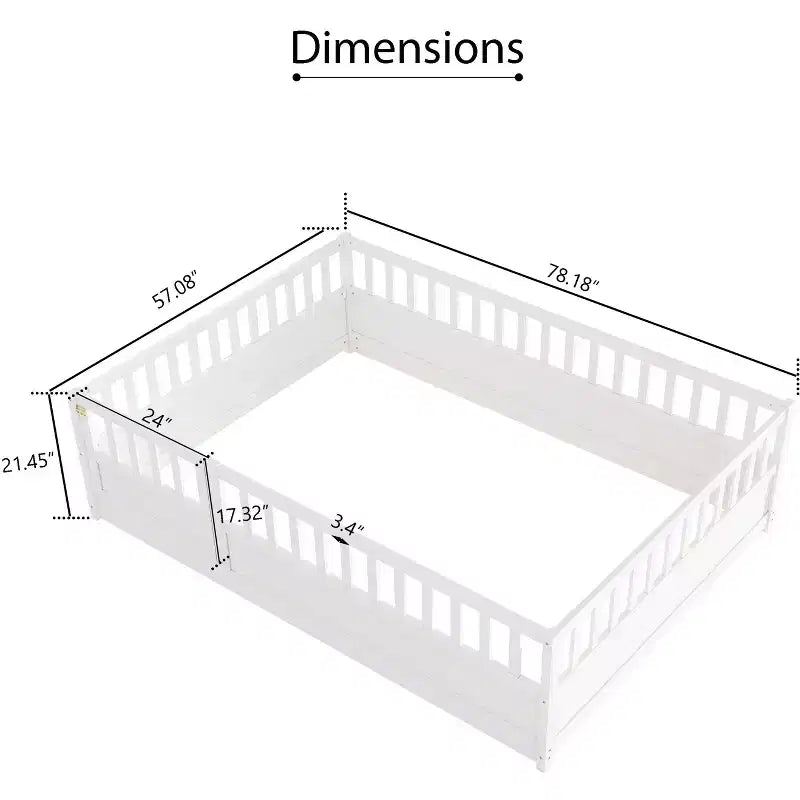 Lit double Bellemave, construction avec barrière de sécurité très haute, porte, lit de plancher Montessori en bois, blanc