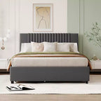 Cadre de lit rembourré en lin Bellemave avec tiroirs de rangement, cadre de lit plateforme moderne avec tête de lit et lit gigogne, aucun sommier tapissier requis, gris