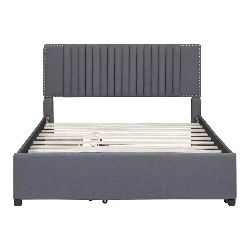 Cadre de lit rembourré en lin Bellemave avec tiroirs de rangement, cadre de lit plateforme moderne avec tête de lit et lit gigogne, aucun sommier tapissier requis, gris