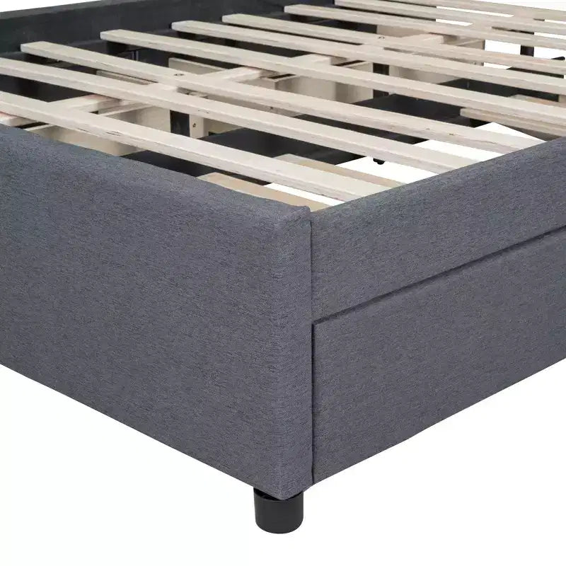 Cadre de lit rembourré en lin Bellemave avec tiroirs de rangement, cadre de lit plateforme moderne avec tête de lit et lit gigogne, aucun sommier tapissier requis, gris
