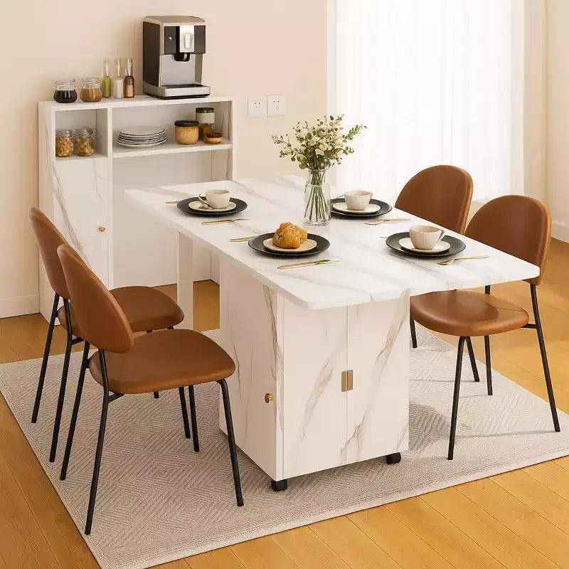Homy Casa Foldable Dining Table with Storage, White Marble Finish  Multifunctional Space-Saving Design