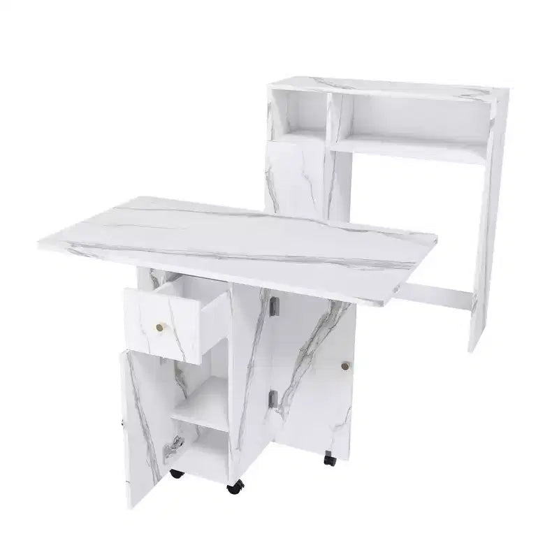 Table de salle à manger pliable Homy Casa avec rangement, finition marbre blanc, design multifonctionnel et peu encombrant