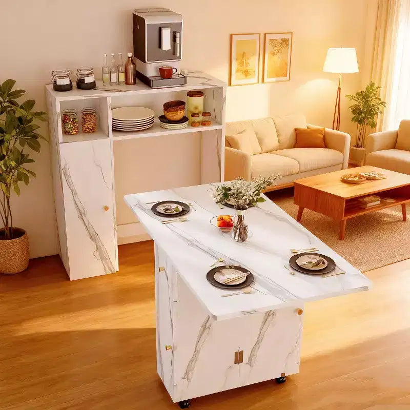 Table de salle à manger pliable Homy Casa avec rangement, finition marbre blanc, design multifonctionnel et peu encombrant