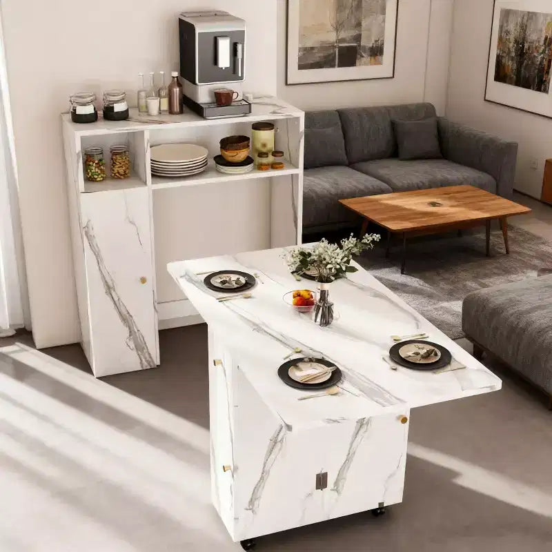 Table de salle à manger pliable Homy Casa avec rangement, finition marbre blanc, design multifonctionnel et peu encombrant