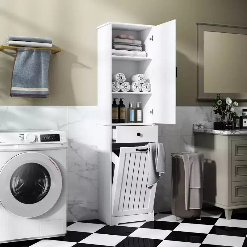 GDFStudio Sabina Armoire de buanderie moderne de 180 cm de haut avec 1 panier à linge basculant, 1 porte et 1 tiroir