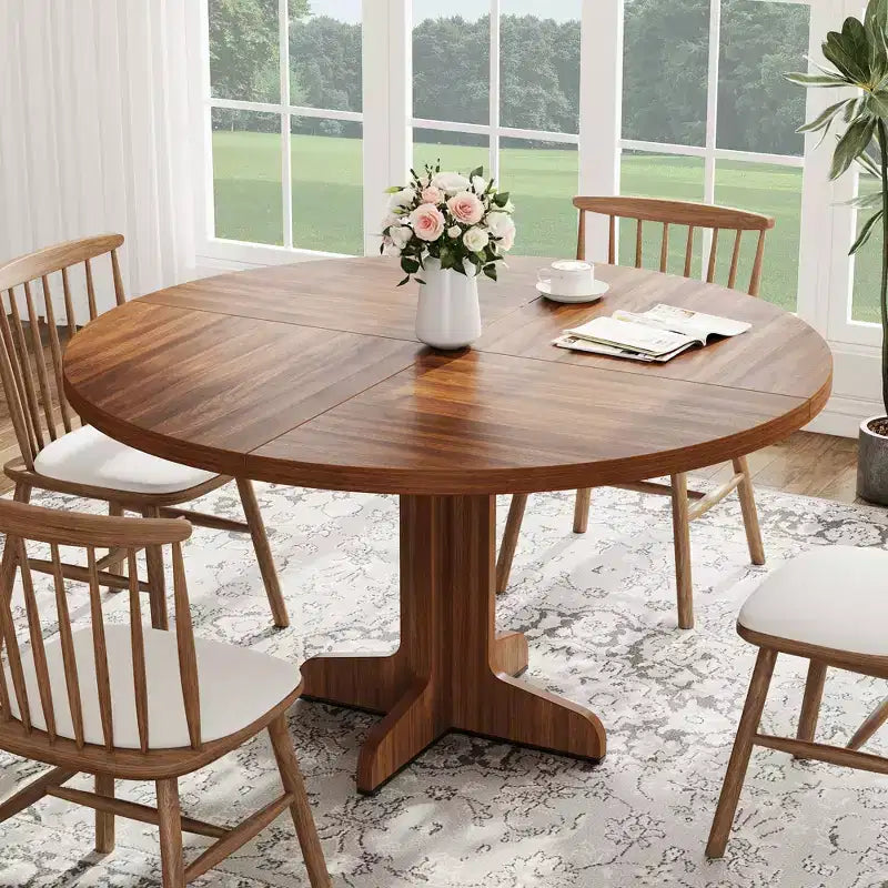 Table à manger ronde de 47" pour 4 avec pieds incurvés, meuble en nanmu doré, table de salle à manger circulaire sur pied de style ferme, cuisine et salle à manger/salon