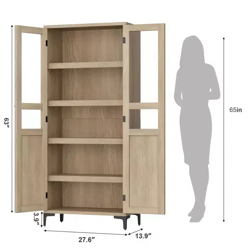 Tall Storage Cabinet with Glass Doors, 5-Tier Pantry Cabinet with Adjustable Shelves for Kitchen and Bathroom
