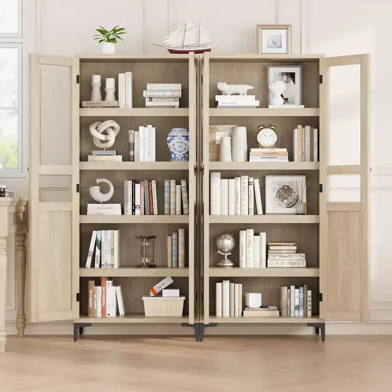 Tall Storage Cabinet with Glass Doors, 5-Tier Pantry Cabinet with Adjustable Shelves for Kitchen and Bathroom
