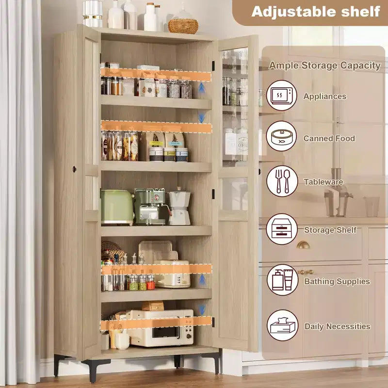 Tall Storage Cabinet with Glass Doors, 5-Tier Pantry Cabinet with Adjustable Shelves for Kitchen and Bathroom