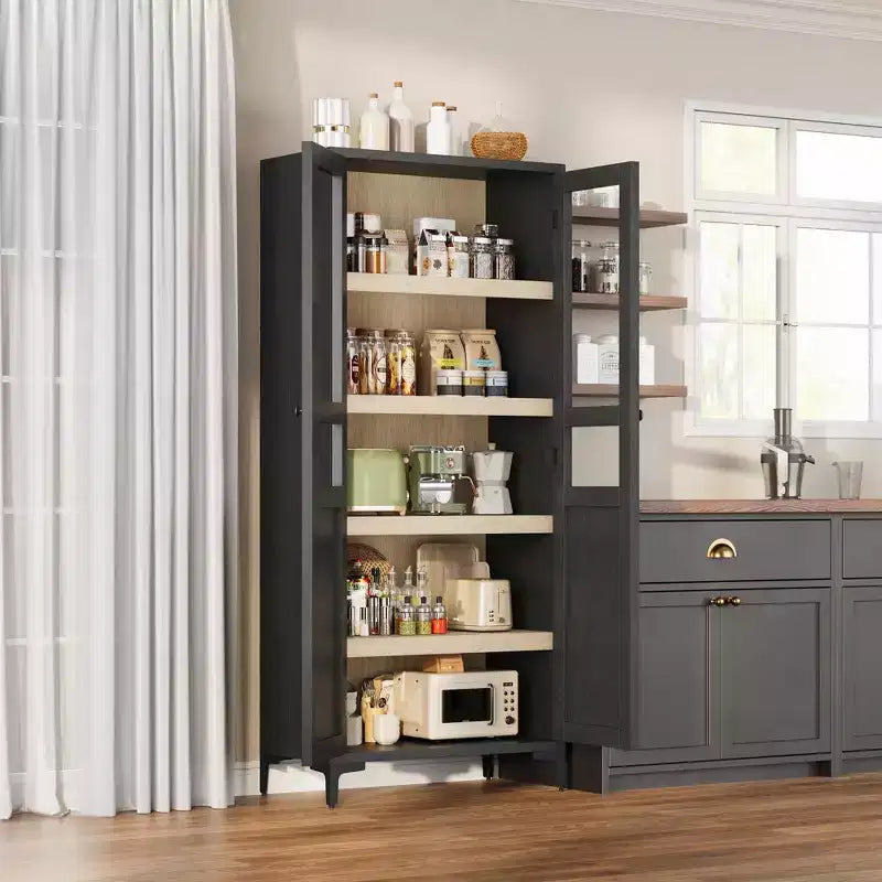 Tall Storage Cabinet with Glass Doors, 5-Tier Pantry Cabinet with Adjustable Shelves for Kitchen and Bathroom