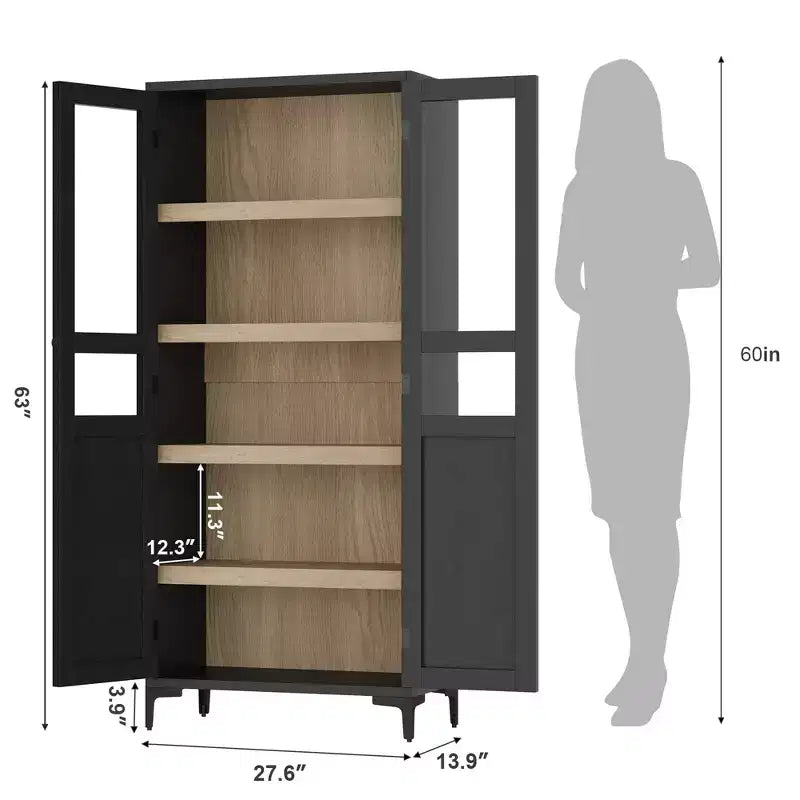 Tall Storage Cabinet with Glass Doors, 5-Tier Pantry Cabinet with Adjustable Shelves for Kitchen and Bathroom
