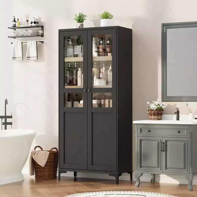 Tall Storage Cabinet with Glass Doors, 5-Tier Pantry Cabinet with Adjustable Shelves for Kitchen and Bathroom