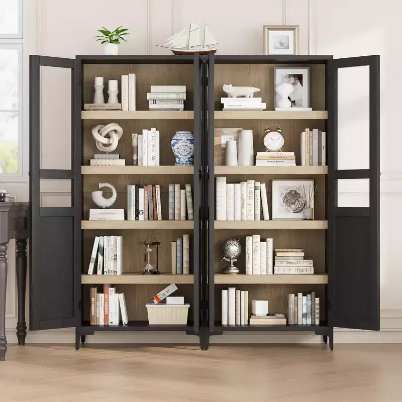 Tall Storage Cabinet with Glass Doors, 5-Tier Pantry Cabinet with Adjustable Shelves for Kitchen and Bathroom