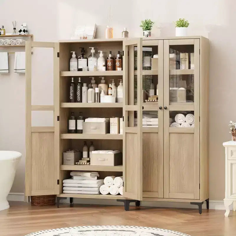 Tall Storage Cabinet with Glass Doors, 5-Tier Pantry Cabinet with Adjustable Shelves for Kitchen and Bathroom