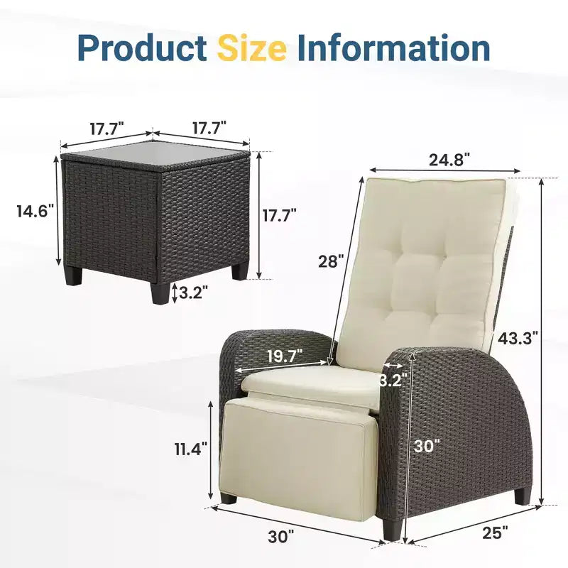 Heynemo Adjustable Rattan Recliner, Outdoor Lounge Chair with Backrest and Footrest, Weather-Resistant Wicker Patio Furniture with Storage Side Table