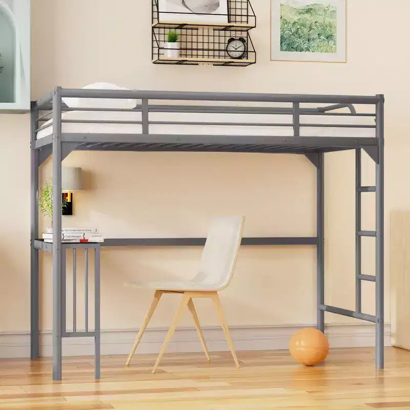 Okak Minimalism Loft Bed with Build-In Desk, Twin Loft Bed with Ladder and Guardrails, Bed Frames for Kids and Teenagers
