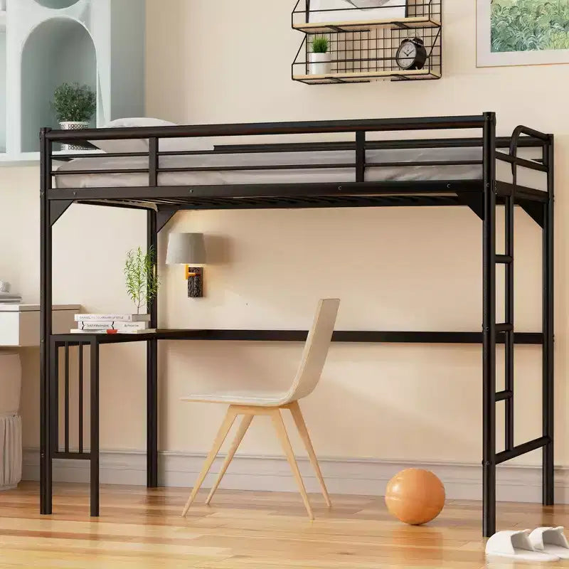 Okak Minimalism Loft Bed with Build-In Desk, Twin Loft Bed with Ladder and Guardrails, Bed Frames for Kids and Teenagers