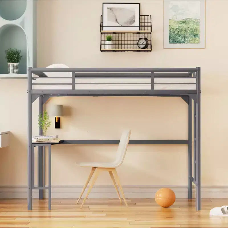 Okak Minimalism Loft Bed with Build-In Desk, Twin Loft Bed with Ladder and Guardrails, Bed Frames for Kids and Teenagers