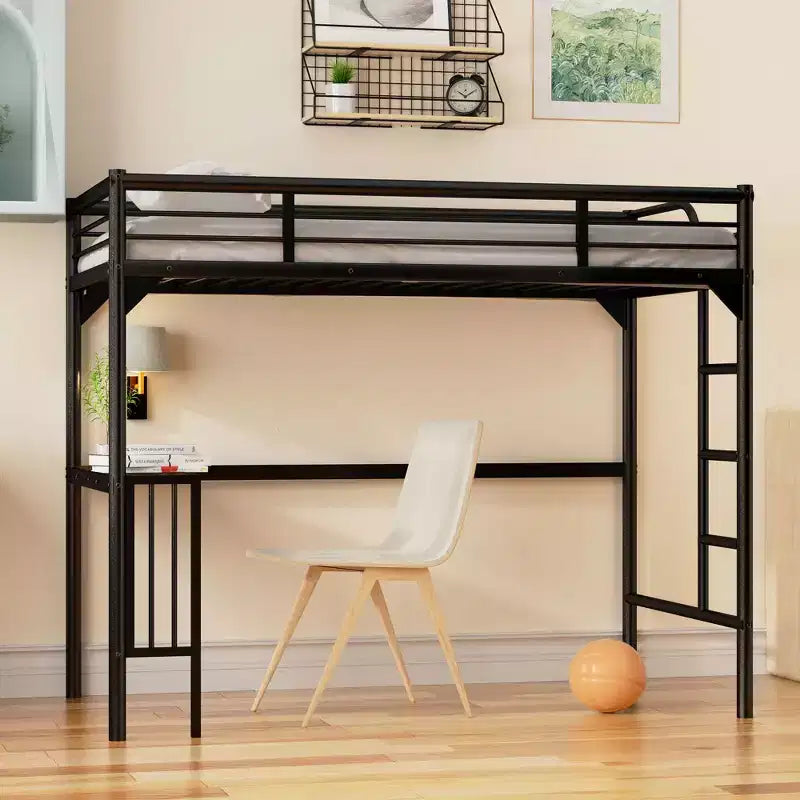 Okak Minimalism Loft Bed with Build-In Desk, Twin Loft Bed with Ladder and Guardrails, Bed Frames for Kids and Teenagers