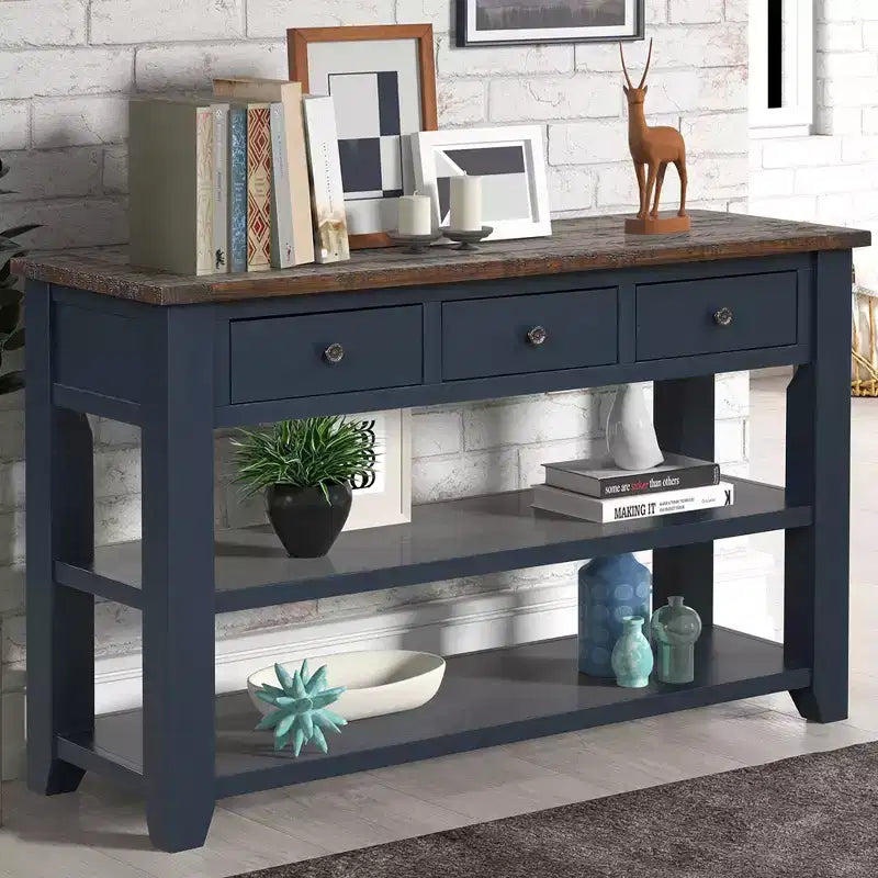 Table console rétro Okak 48 pouces avec plateau en bois, table d'entrée avec 3 tiroirs et 2 grandes étagères, table d'appoint pour salon, couloir