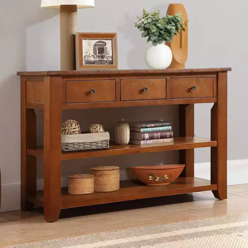 Table console rétro Okak 48 pouces avec plateau en bois, table d'entrée avec 3 tiroirs et 2 grandes étagères, table d'appoint pour salon, couloir