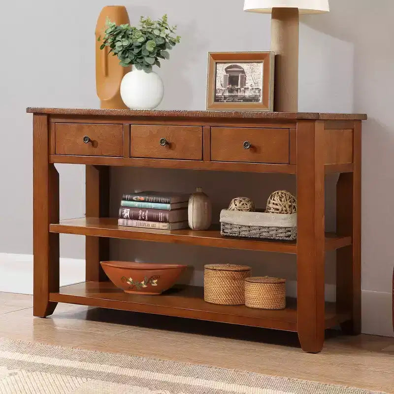 Table console rétro Okak 48 pouces avec plateau en bois, table d'entrée avec 3 tiroirs et 2 grandes étagères, table d'appoint pour salon, couloir