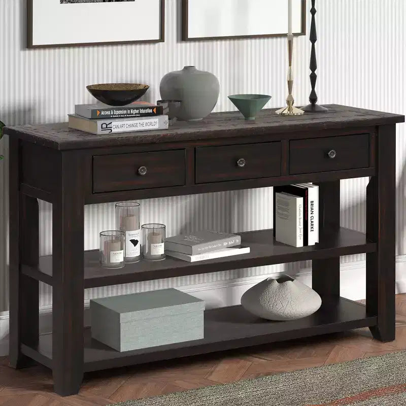 Table console rétro Okak 48 pouces avec plateau en bois, table d'entrée avec 3 tiroirs et 2 grandes étagères, table d'appoint pour salon, couloir