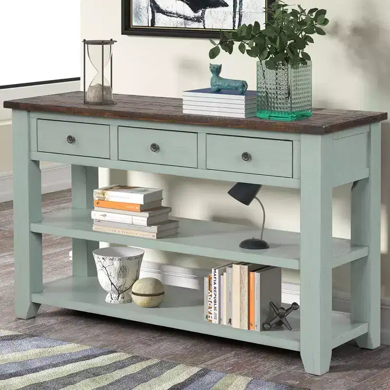 Table console rétro Okak 48 pouces avec plateau en bois, table d'entrée avec 3 tiroirs et 2 grandes étagères, table d'appoint pour salon, couloir