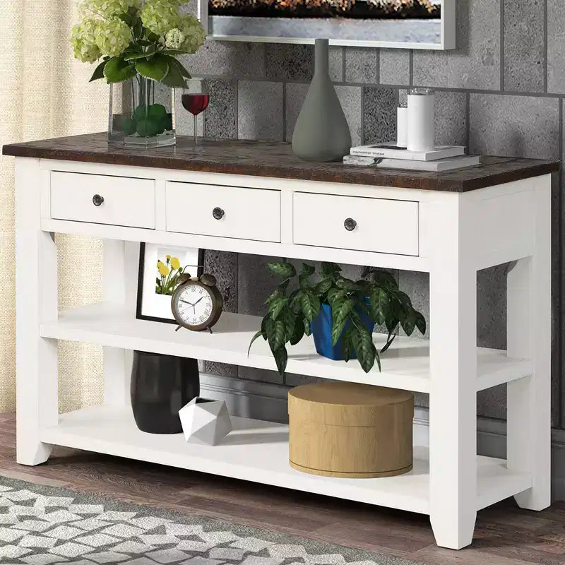 Table console rétro Okak 48 pouces avec plateau en bois, table d'entrée avec 3 tiroirs et 2 grandes étagères, table d'appoint pour salon, couloir