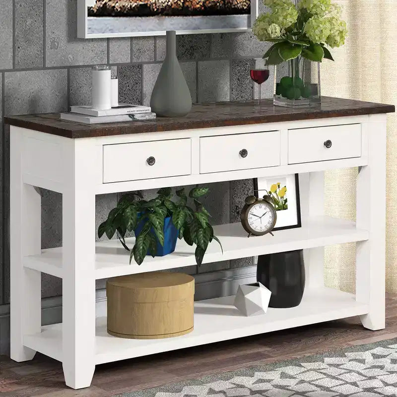 Table console rétro Okak 48 pouces avec plateau en bois, table d'entrée avec 3 tiroirs et 2 grandes étagères, table d'appoint pour salon, couloir