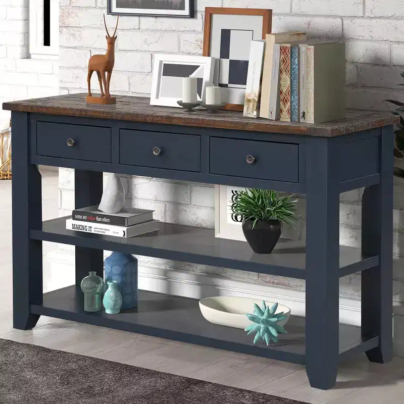 Table console rétro Okak 48 pouces avec plateau en bois, table d'entrée avec 3 tiroirs et 2 grandes étagères, table d'appoint pour salon, couloir